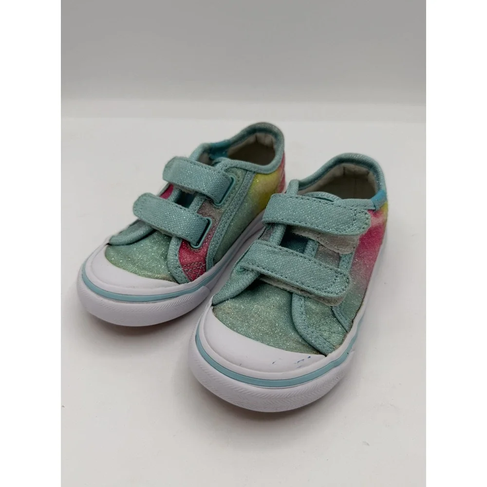 Keds Kids Glittery Hook & Loop Turquoise Multi-stripe Colorway Sneakers Size 7
